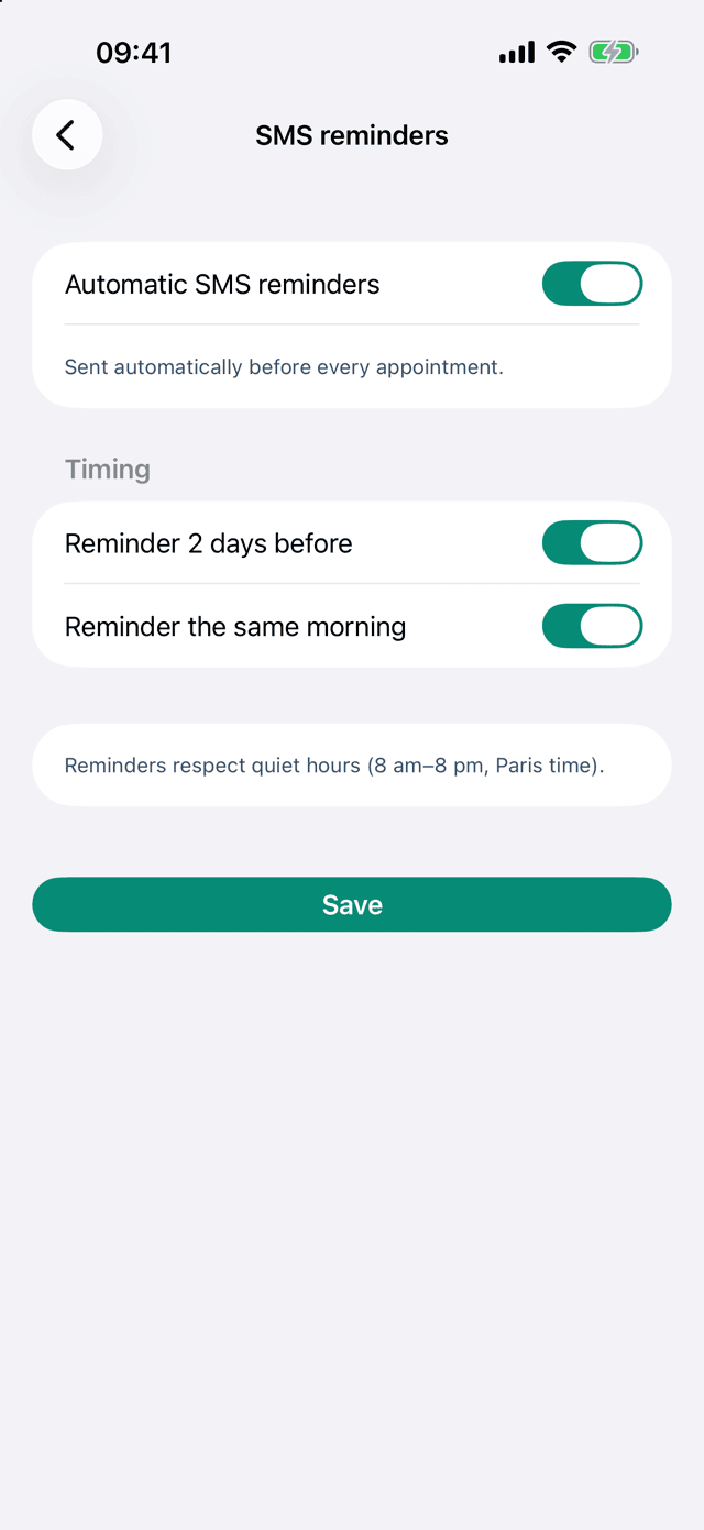 The "SMS reminders" screen: the "Automatic SMS reminders" switch is on, the timing covers both the reminder two days before and the one on the same morning, and a note states that reminders respect quiet hours, 8am to 8pm, Paris time.